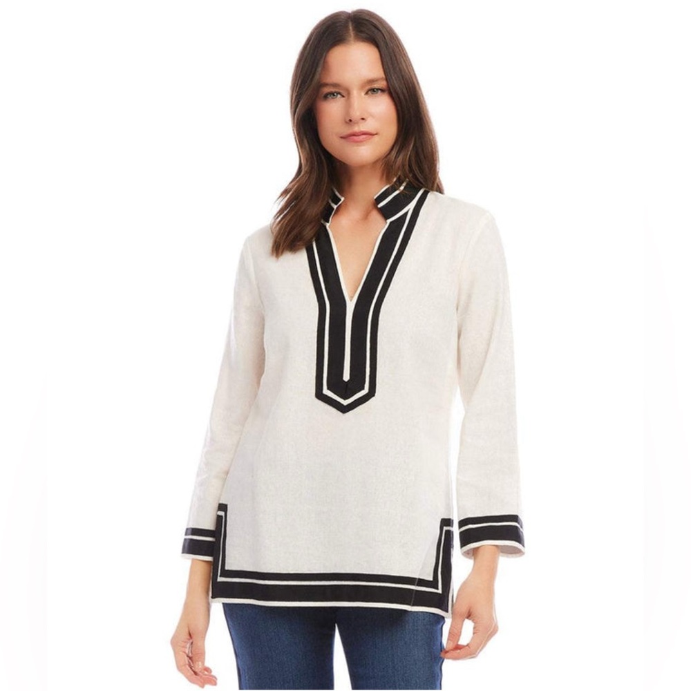 100% Linen Carole Little White Tunic with Black Trim. Sz M - perfect for summer